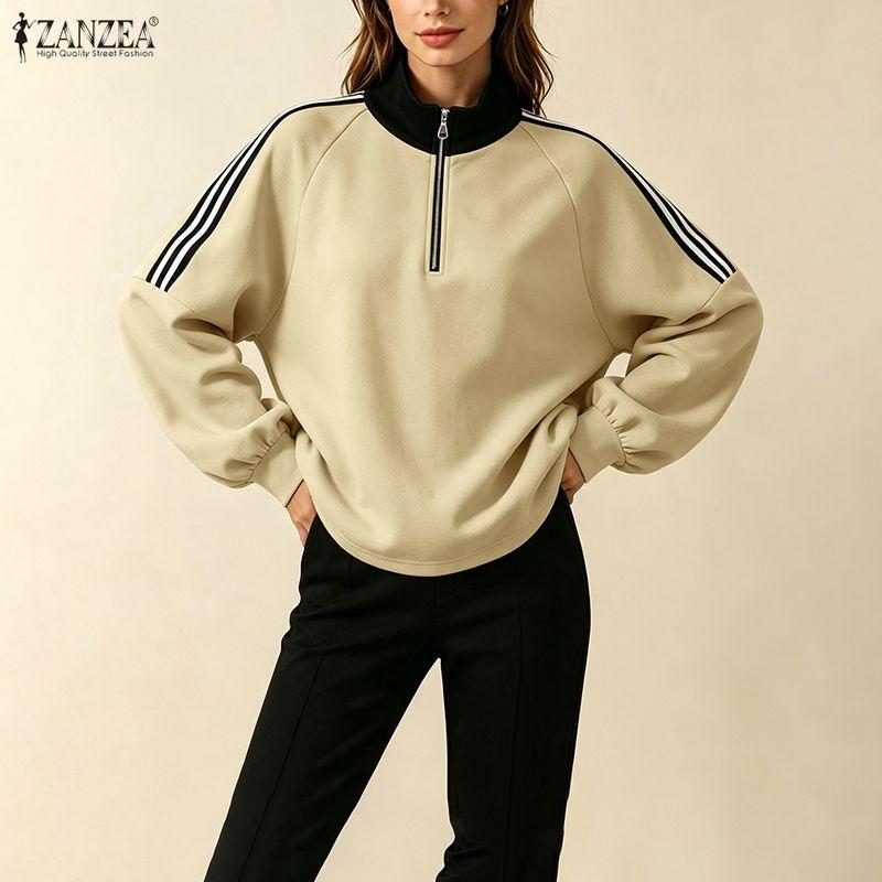 ZANZEA Women Casual Stand Collar Splice Long Sleeve Blouse Tops