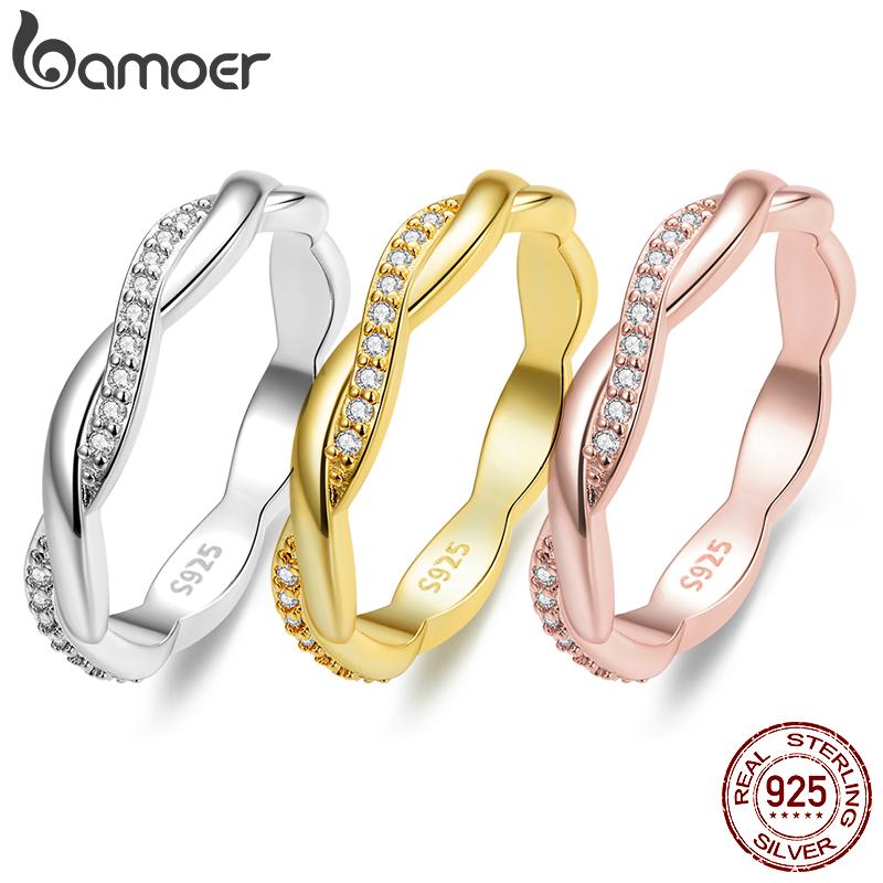 BAMOER 925 Silver Simple Twisted Rope Ring, Gold Plated Cubic Zirconia Eternity Band Stackable for Women Engagement