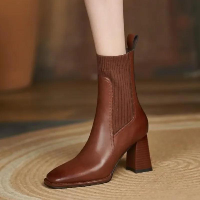 

Распродажа модной женской обуви 2024 года, модные женские сапоги с рукавами, осень-зима, квадратный носок, однотонные, короткие, на толстом каблуке, сапоги больших размеров 40 коричневый