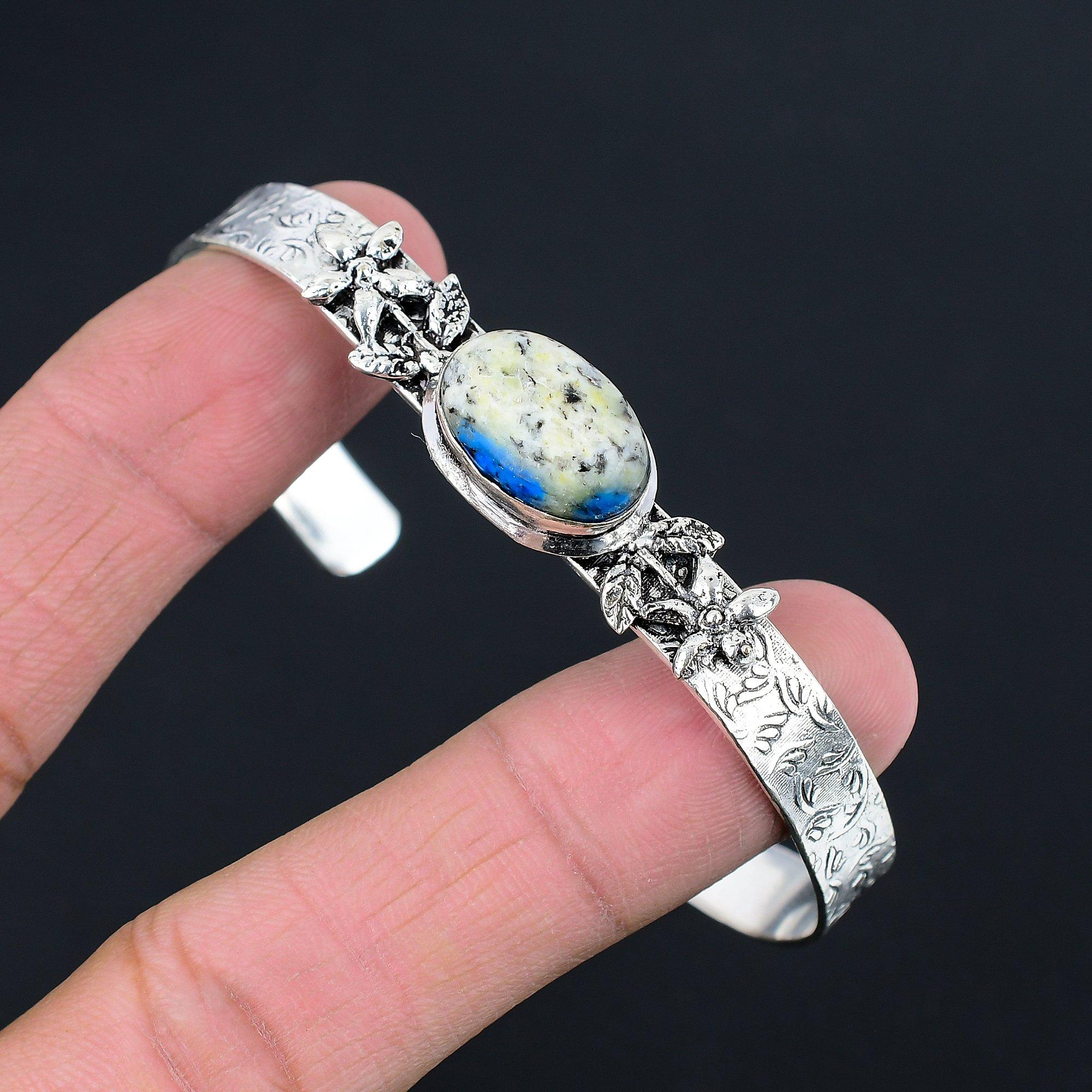 

Предложение ко Дню дружбы Браслет-бенгл из стерлингового серебра с камнем К2 Яшма Бохо Цветок Adjustable