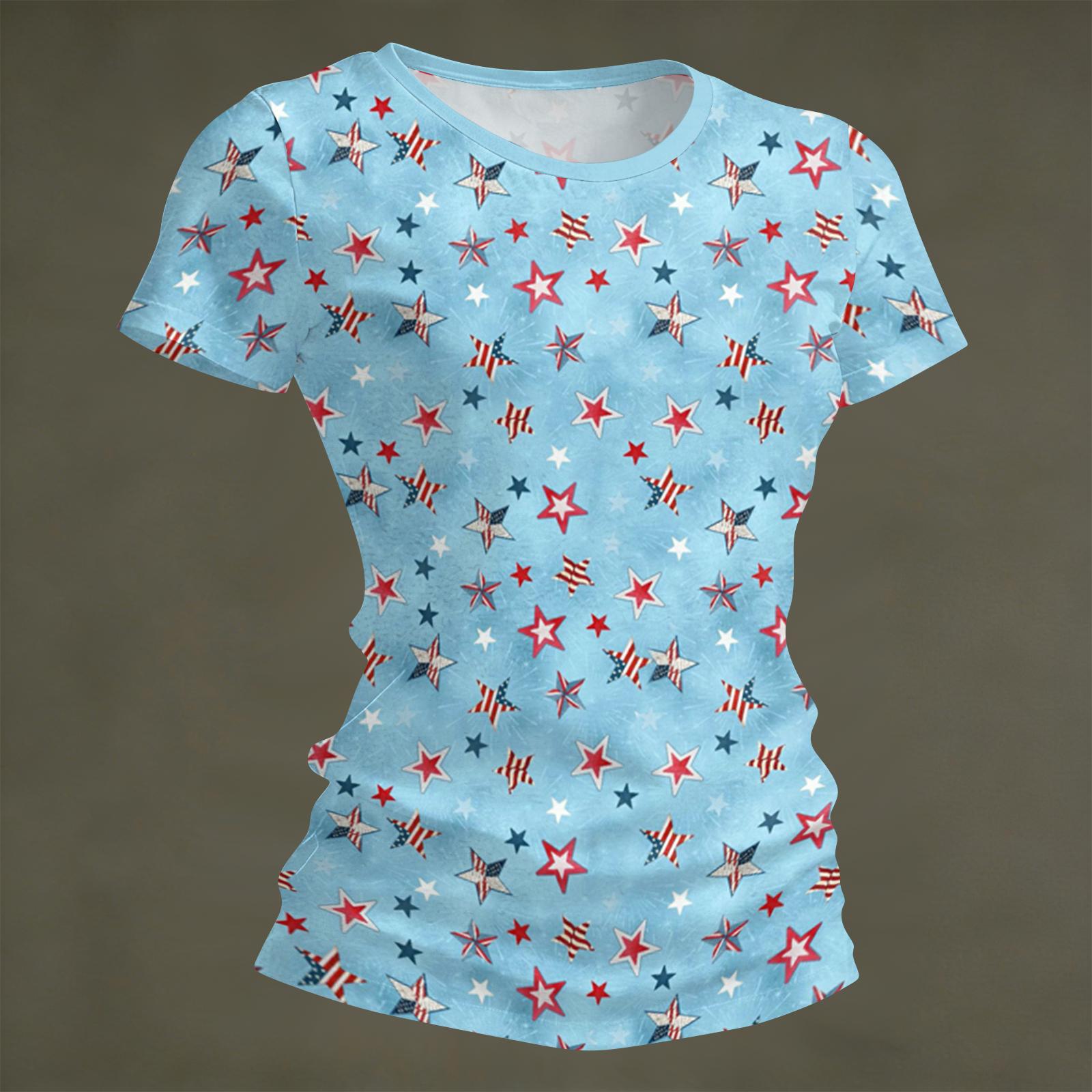 

Women s Fashion Round Neck Independence Day Print Short Sleeve Loose Crewneck T-Shirt Top S
