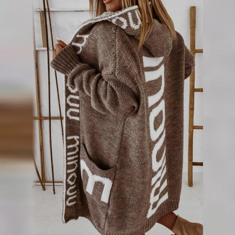 Knitted Hooded Cardigan Sweater Coat Monogram Long Women S коричневый