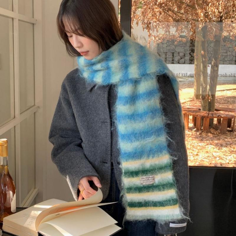 Thick Woolen Knitted Scarf Autumn Winter Rainbow Color Block Striped Versatile Anti-Cold Shoulder Wrap Scarf