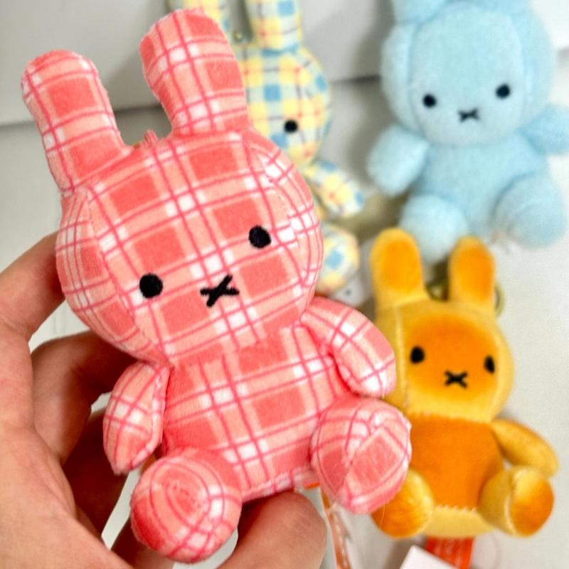 Vintage Plaid Miffy Bunny Plush Keychain Soft Fluffy Cartoon Rabbit Keyring Portable Nijntje Handbag Backpack Pendant Girly Gift