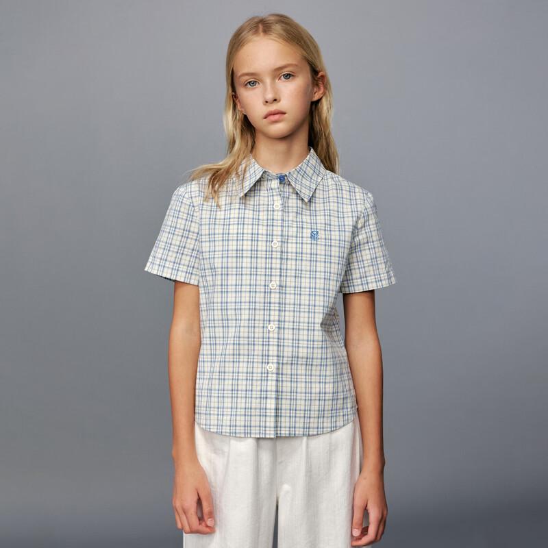 ELLE KIDS Girls  French Academy Style Plaid Embroidered Short Sleeve Shirt 130