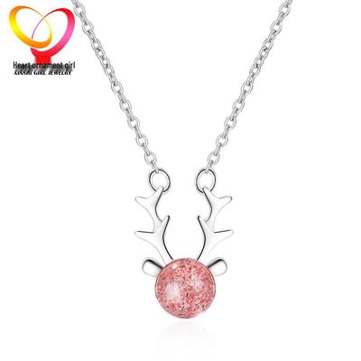 Koreanischer Stil Mädchenhafte Erdbeerkristall Geweih Halskette für Frauen - Niedliche Tier Schlüsselbeinkette Schmuck