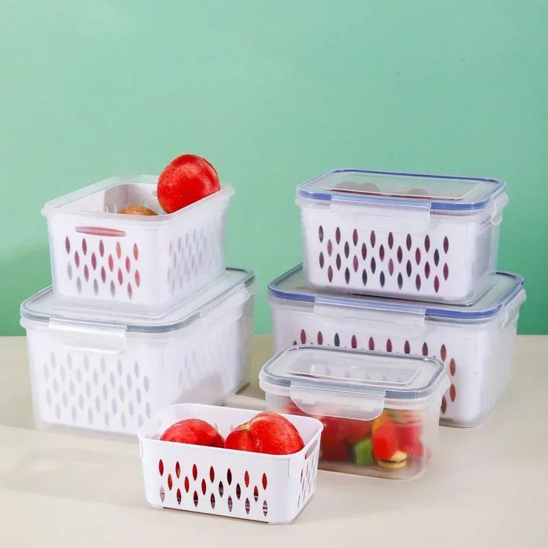 Refrigerator Preservation Storage Box Drain Basket Storage Containers Multifunctional Sealed Box Vegetable Fruit Food Organizer