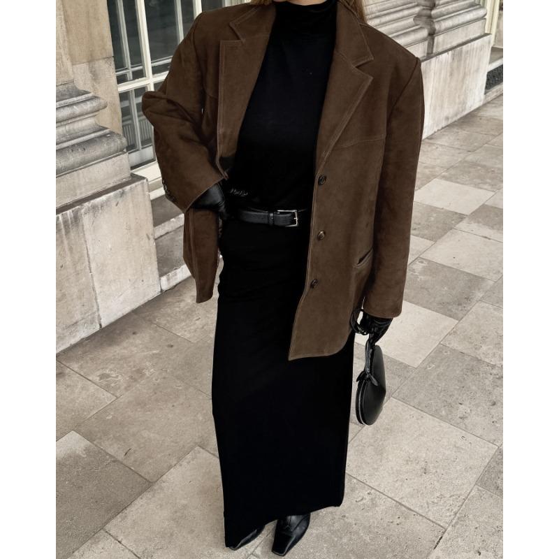 Damen Vintage Verdickt Mittellang Umlegekragen Wildleder Pendler Wintermantel Jacke
