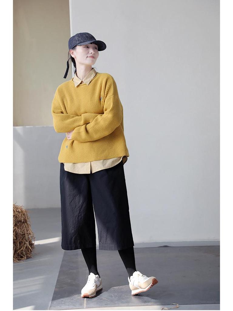 Four Seasons Retro Black Pure Cotton Elastic Waist Loose Casual Canvas Trousers