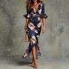 European and American New Women's V-neck Sexy Holiday Style Temperament Slim Print Design Dress Women's Clothing