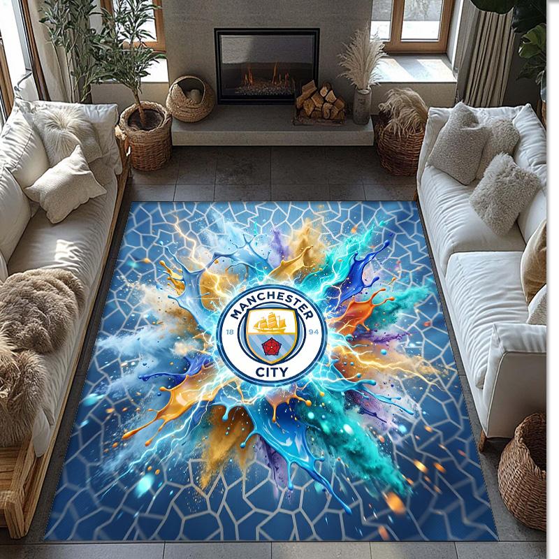 Manchester City Printed Flannel Area Rug Non Slip Soft Polyester Floor Carpet Indoor Decor Mat for Bedroom Living Room Sofa