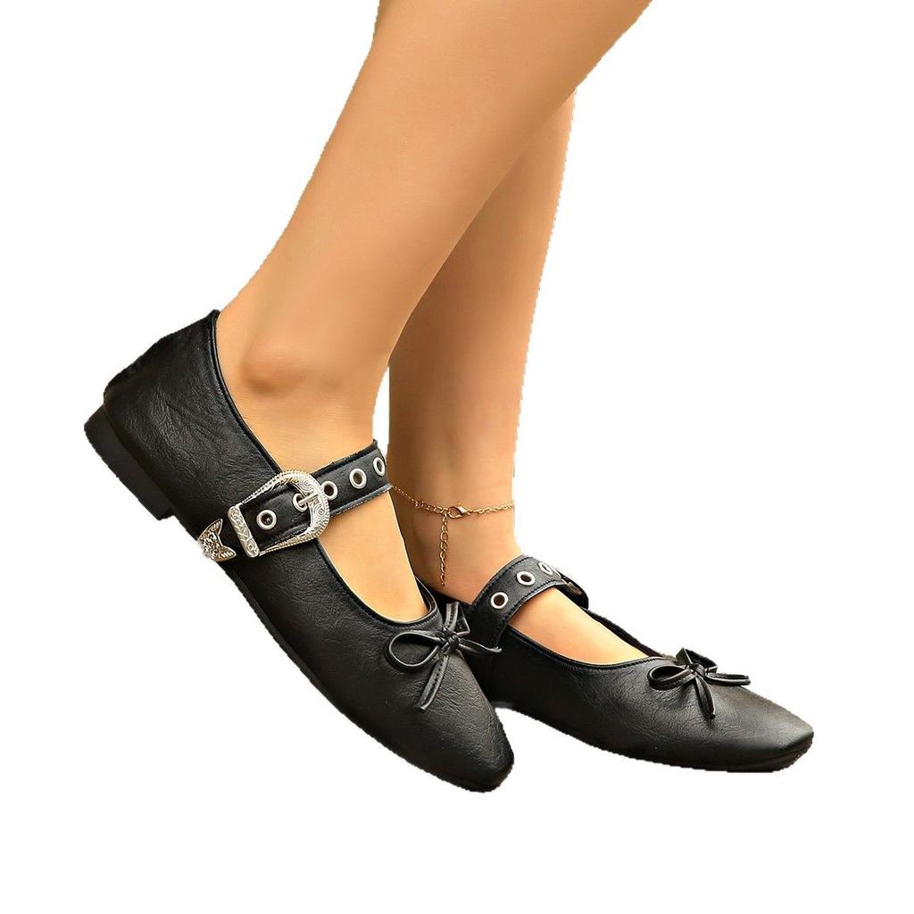 French Retro Square Head Grandma Shoes One-word Buckle with Doudou Single Shoes Temperament Flat Bow Spring and Summer