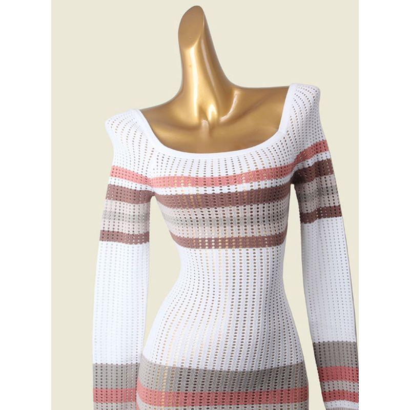 French Style Square Collar Sexy Sheath Long Dress Foreign Trade Original Order Slim Fit Long Sleeve Knitted Hollow Temperament Dress