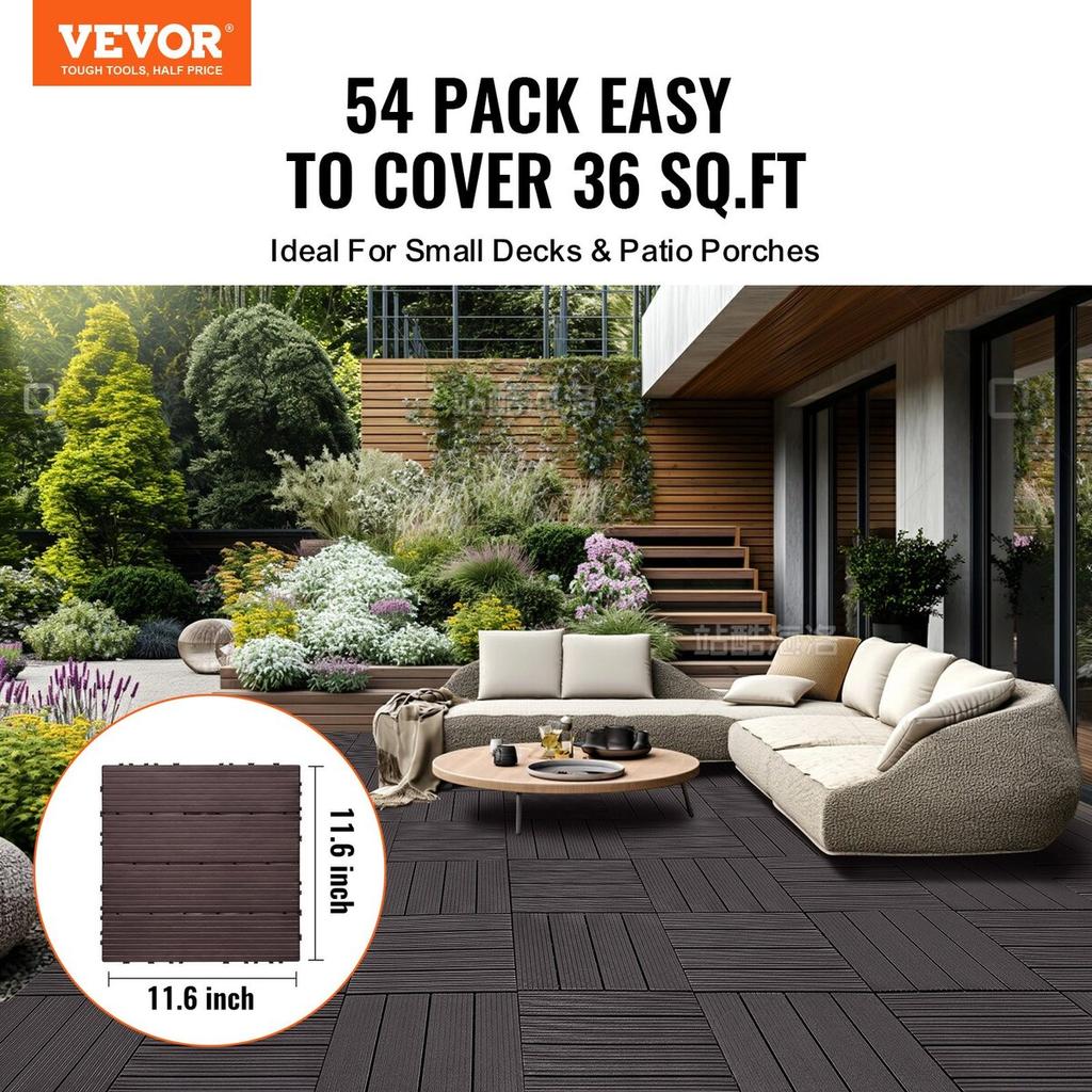 Interlocking Deck Tiles 54 Pack 12"x12" Waterproof for Porch Dark Brown