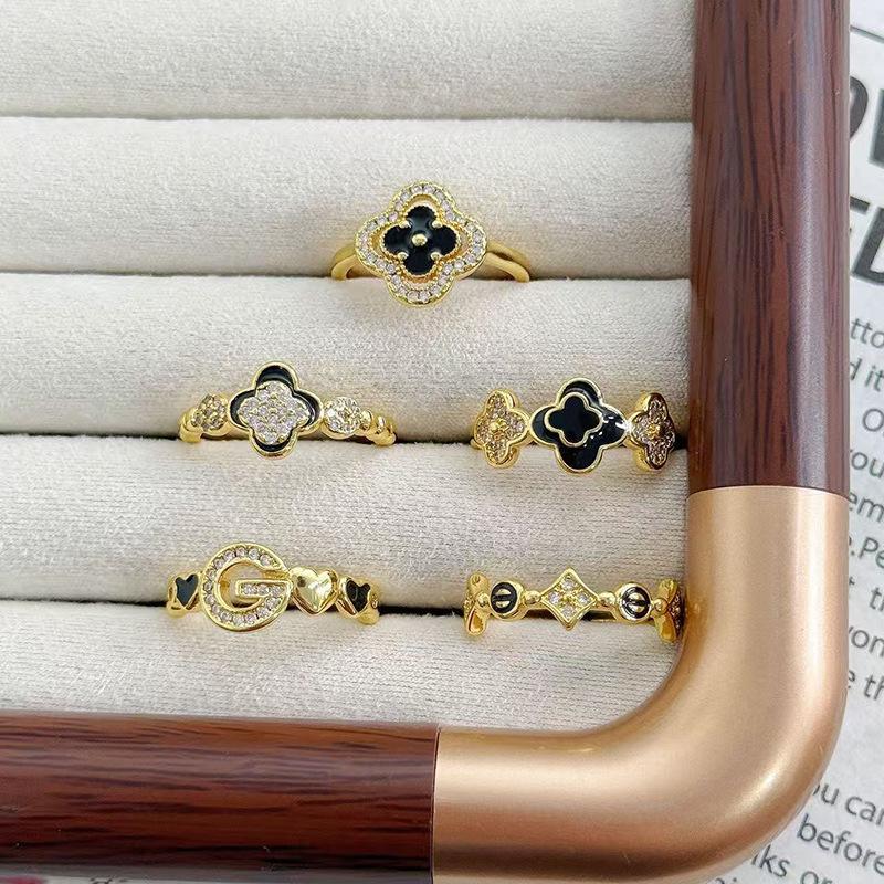 Dark Oil Dripping Full Diamond Inlaid Zirconium Four-Leaf Clover Open Ring Simple Light Luxury High Fashion Women