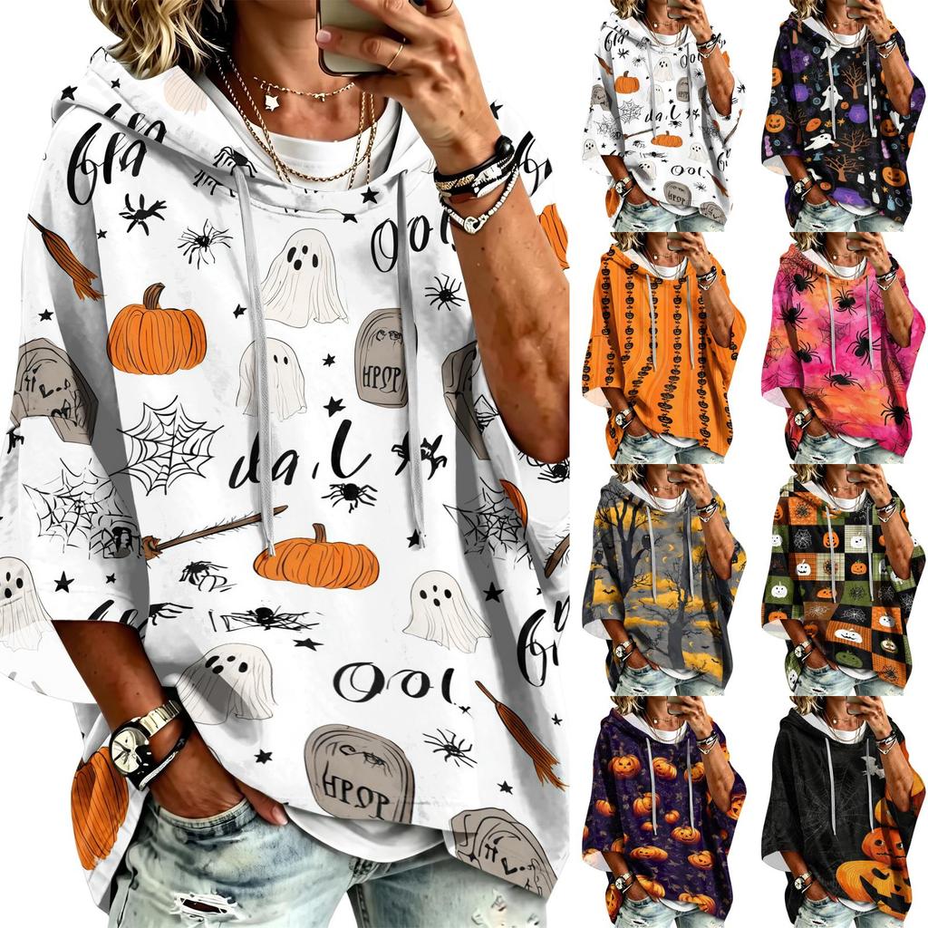 Women's Fashion 3/4 Sleeve Halloween Print Hoodie Pullover Top