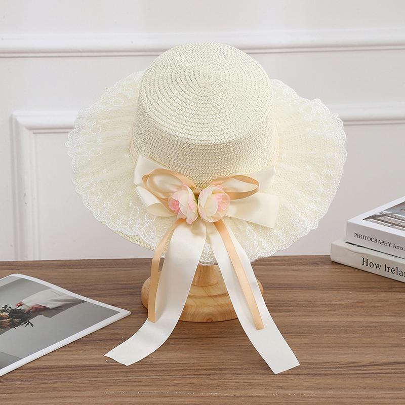 

Elegant Women s Wide Brim Straw Sun Hat with Lace Flower Bow Summer UV Protection Foldable Beach Hat for Vacation Travel Adult (52-56CM) белый