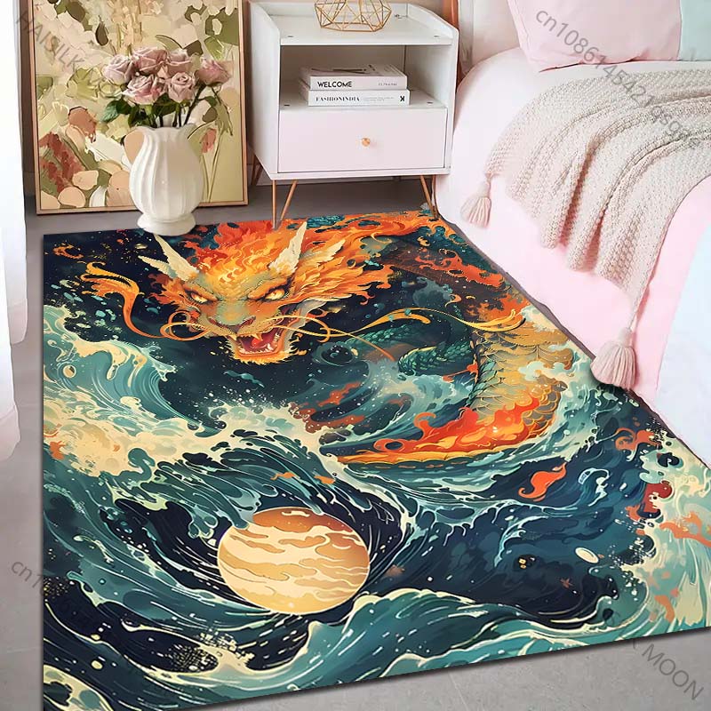 1PC Fiery dragon with waves and moon Print Carpet Rug for Living Room Bedroom Sofa Doormat Home Decor Non-slip Floor Mat