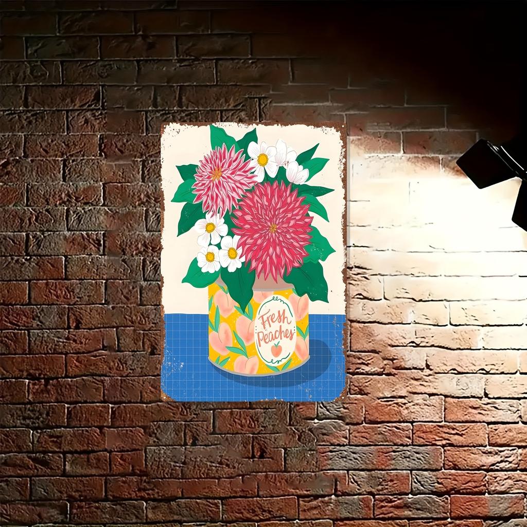 2D Flat, Vintage Metal Wall Art Sign - 20.32x30.48 Cm Floral Tin Painting with Pink Daisies & Flowers, Rustic Home Decor for Hal
