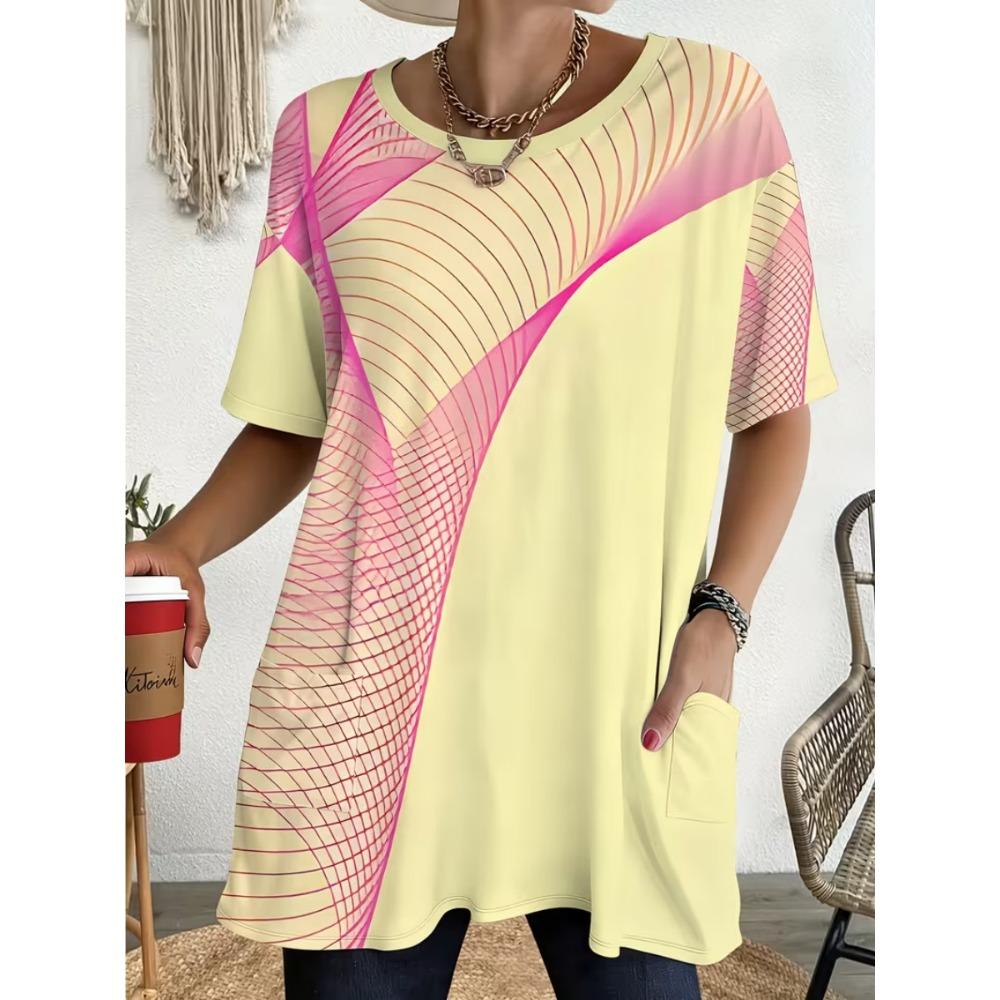 Women's Summer Short Sleeved T-shirt, 3D Printed Pocket T-shirt, Casual Plus Size T-shirt