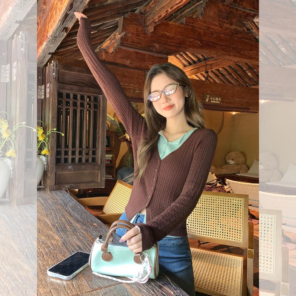 Fake two-piece splicing double-layer collar long-sleeved wool knitted sweater women's early autumn new single-breasted V-neck front shoulder top