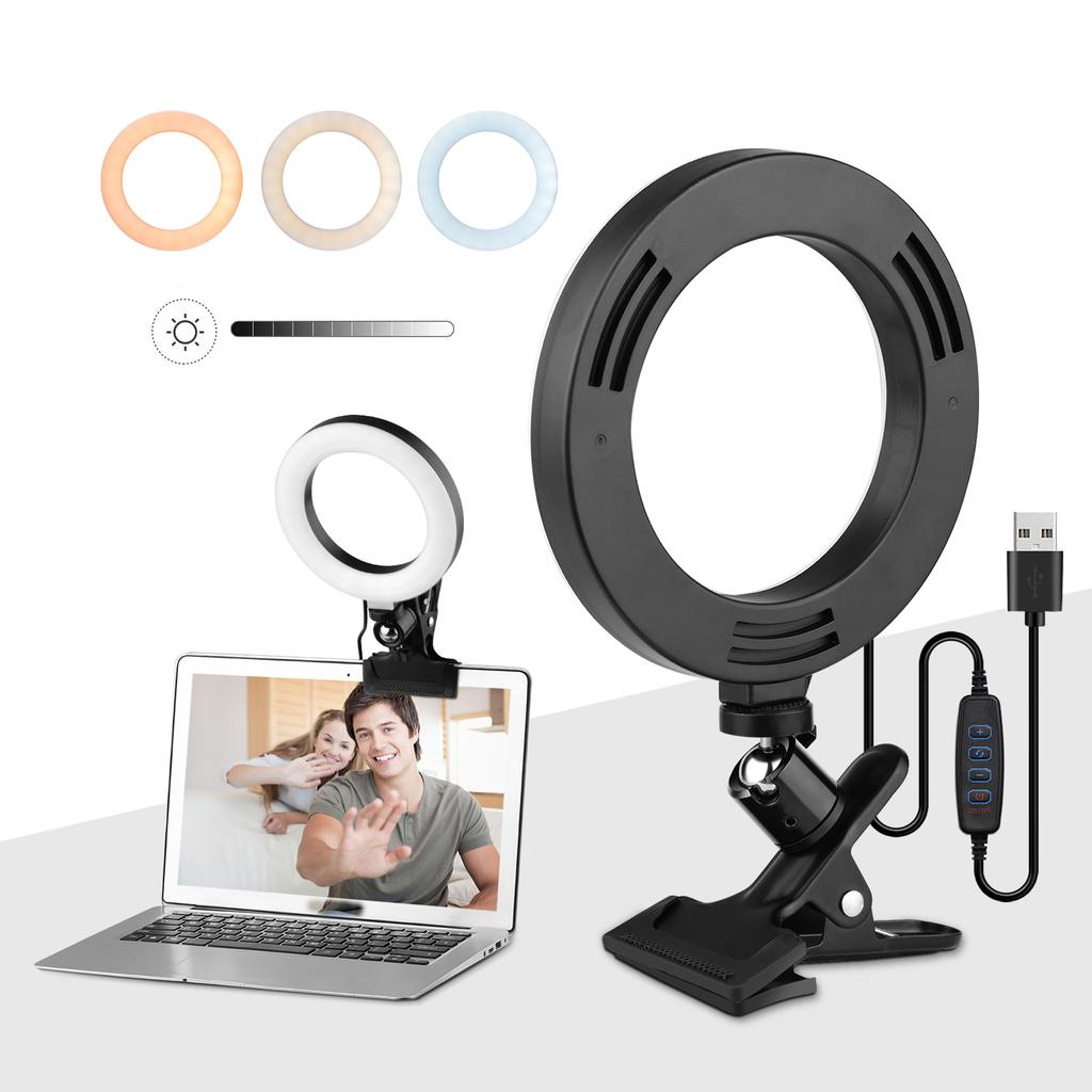 6.3 Inch 2700K-5500K Selfie Ring Video Light with Clamp Mount 3 Dimmable Colors 11 Brightness