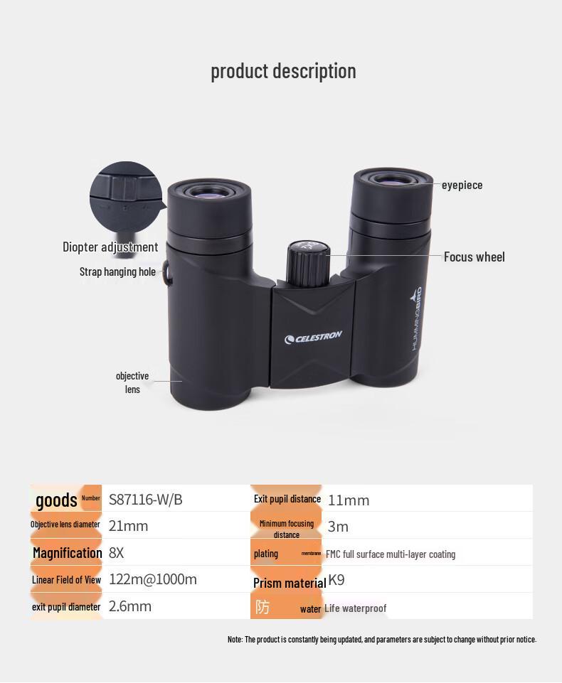 Celestron Hummingbird 8X21 HD Binoculars - High Magnification, Low Light Night Vision, Portable for Concerts