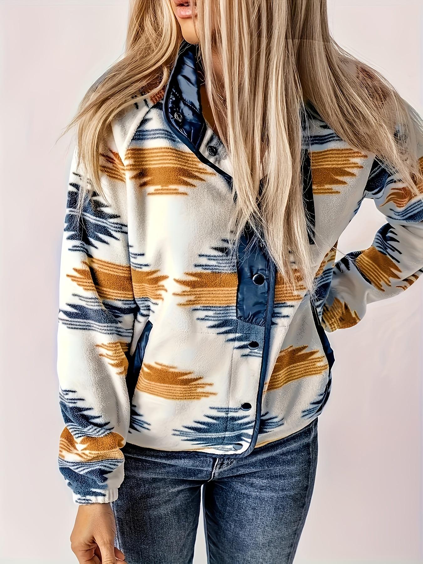 

Women s Casual Western-Inspired Printed Jacket - Cozy Button-Up Fall/Winter Outerwear with Contrasting Color Pattern, Polyester & Spandex Blend XXL