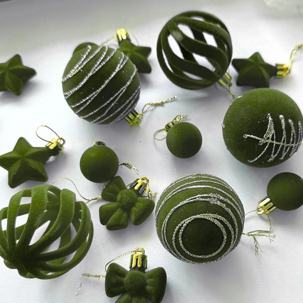 35PCS Flocked Xmas Tree Decor Set Velvet Bows Christmas Ball  Home Holiday Decor