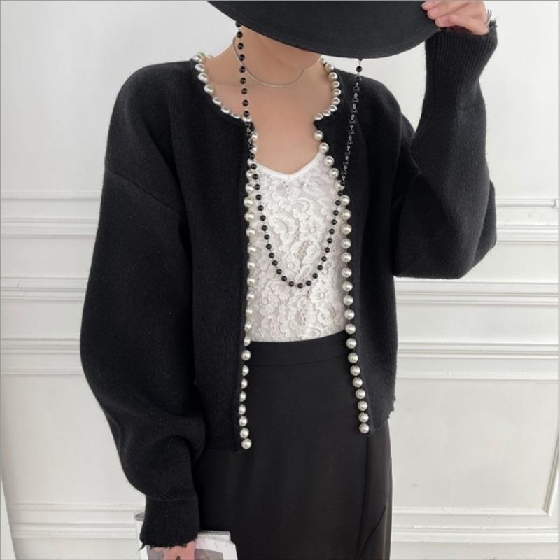 

Кардиган жемчужного кроя для светской львицы ранней весны, короткий свитер свободного покроя для женщин one size чёрный