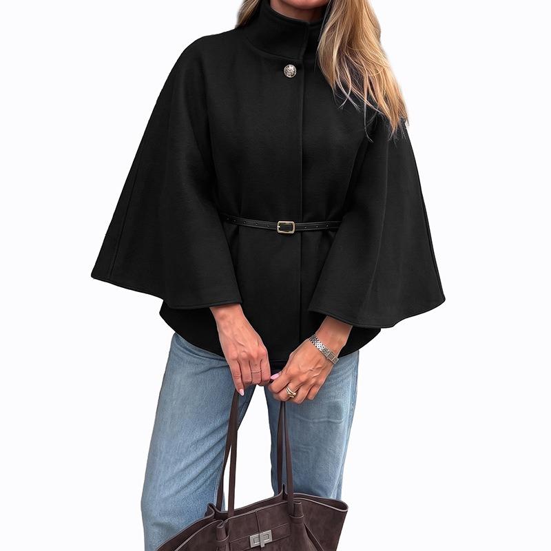 Women S Black Wool Blend Cape Coat Stand Collar Long Sleeve Loose Elegant