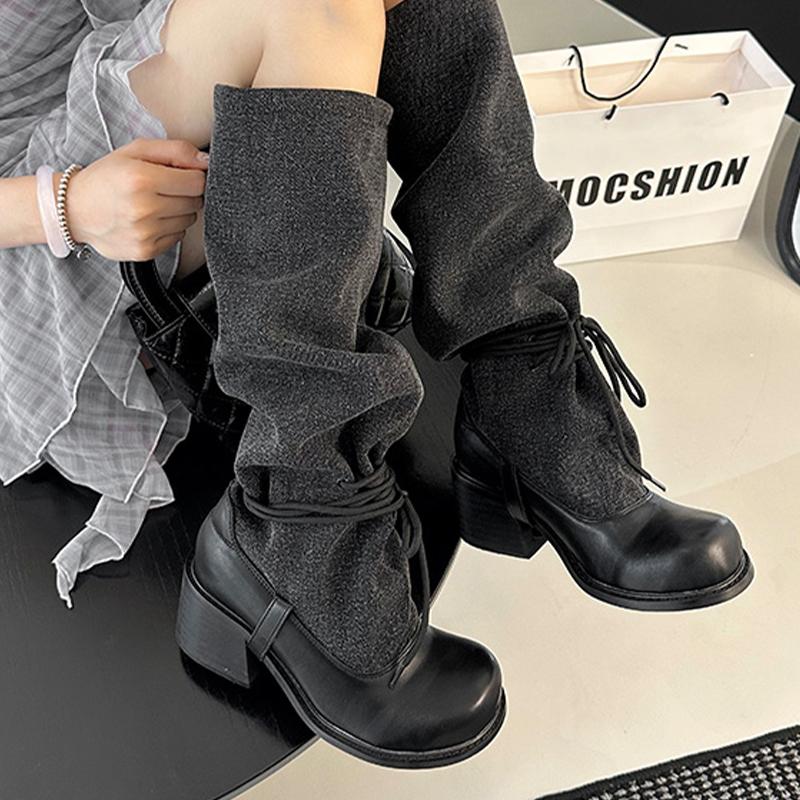 Women Knee High Boots High Heels Chunky Shoes 2025 Summer Chelsea Boots New Woman Heeled Shoes Lace Up Pumps Zapatillas