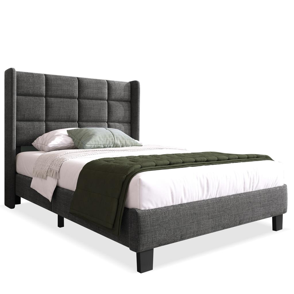 Modern design upholstered bed with padded headboard, single bed with slatted frame, 90x200cm, in grey linen, medium-firm (without mattress)