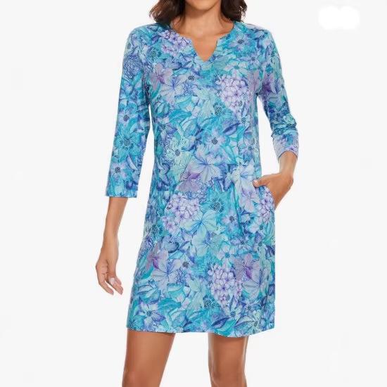 Women s Long Sleeve V-Neck Printed Dress - European & American Style XXXL