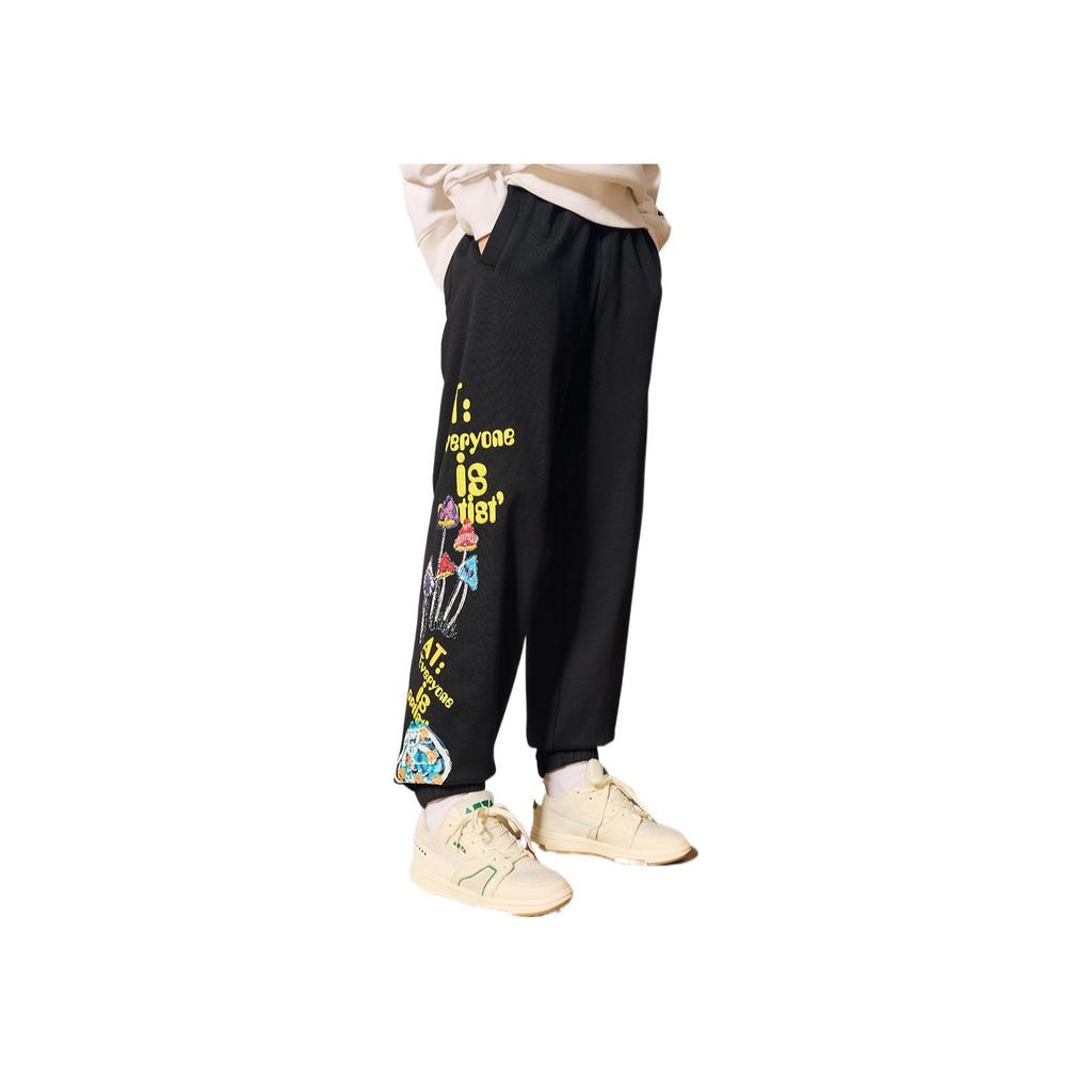 Anta X Solid Color Printed Drawstring Fleece Cuffed Sports Pants Unisex Pants Black 172248313-2