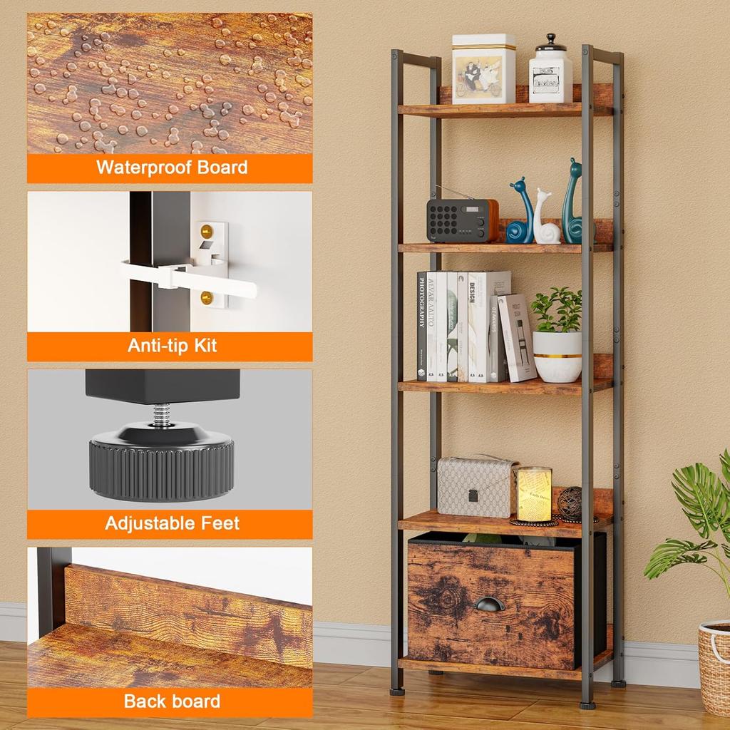 5-Tier Bookshelf with Drawer, Tall Narrow Wood & Metal Storage Shelf, Industrial Rustic Brown Standing Unit for Bedroom or Livin