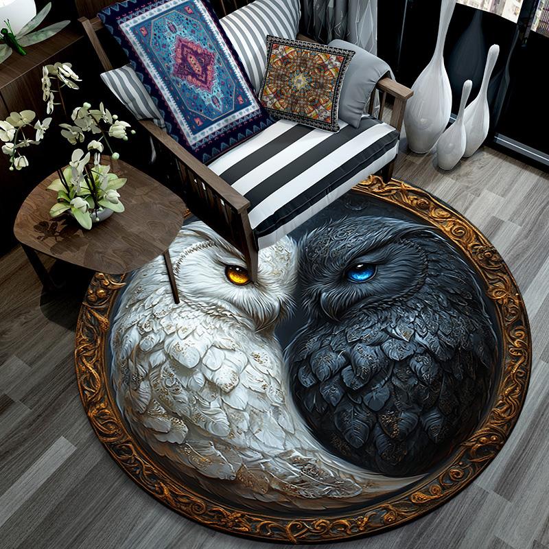 Yin Yang Owl Round Area Rug,Carpet Rug for Living Room Bedroom Sofa Playroom Decor,Non-slip Floor Mat