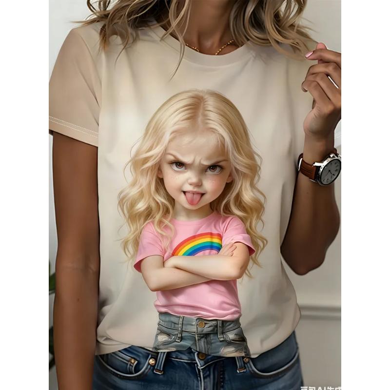 Moda Donna Girocollo Manica Corta Ritratto 3D Ritratto Stampato a Colori T-shirt a Manica Corta Girocollo
