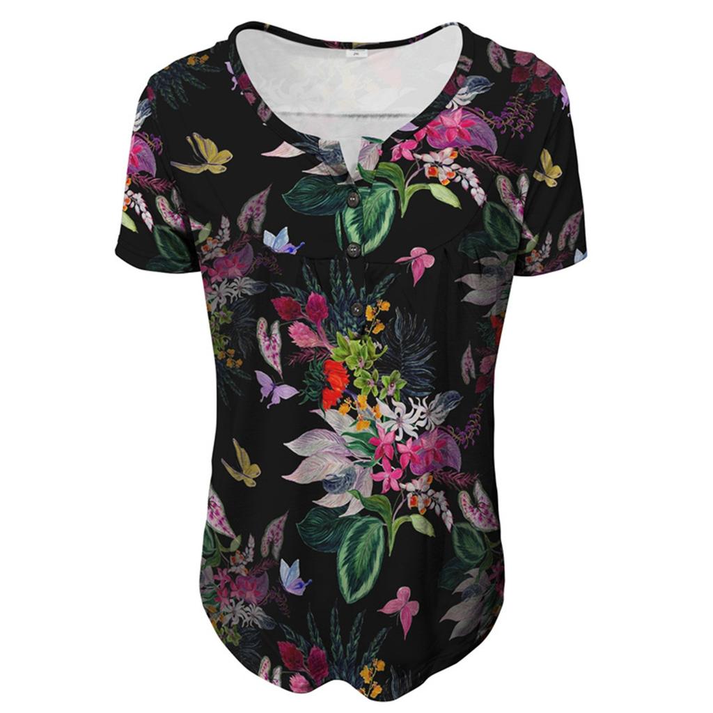 Women's Short Sleeve Tunic Loose Tops Casual Plus Size Tops Pleated Tunic Button Casual Summer Floral Tie Tops For Women