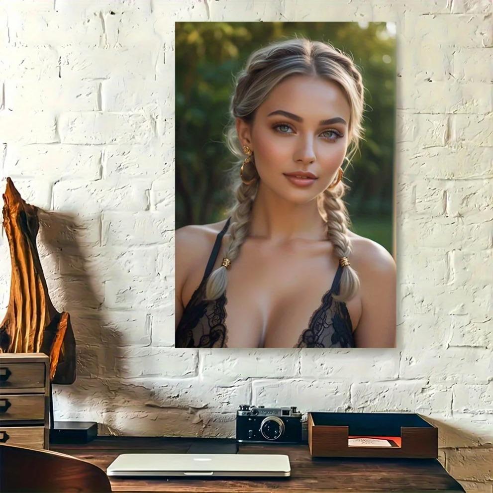 

Hisun Tin Sign HD Metal Tin Sign Stunning Blonde Braided Beauty in Black Lace Top Outdoor Wall Art Retro Metal Plaque for Man Cave Decor x I 20x30CM