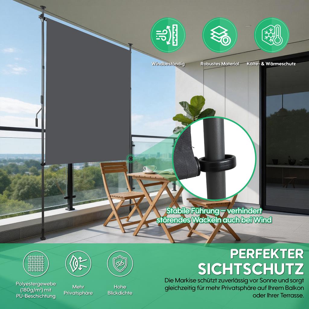 Vertical outdoor awning with clamp mounting, privacy and wind protection for balcony and terrace, weatherproof, anthracite, hand crank, 200 x 270 cm