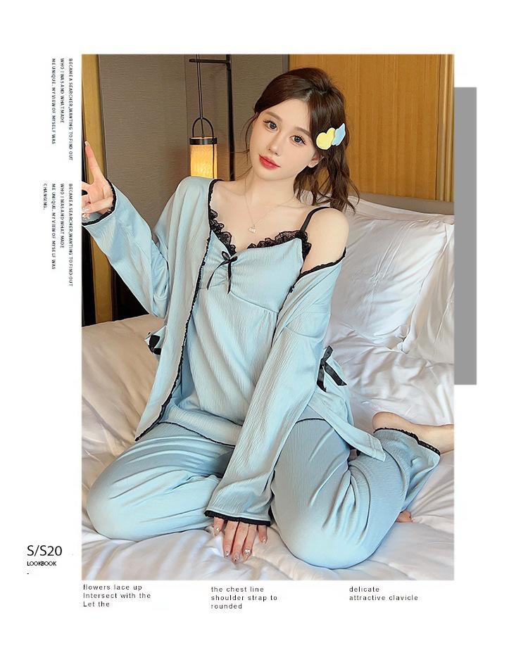 Dámská jarní/podzimní pyžamová souprava: Sladký top na ramínka s vycpávkami na prsou, dlouhými rukávy a kalhotami, nadměrná velikost až do 230 lbs, třídílný domácí oděv.