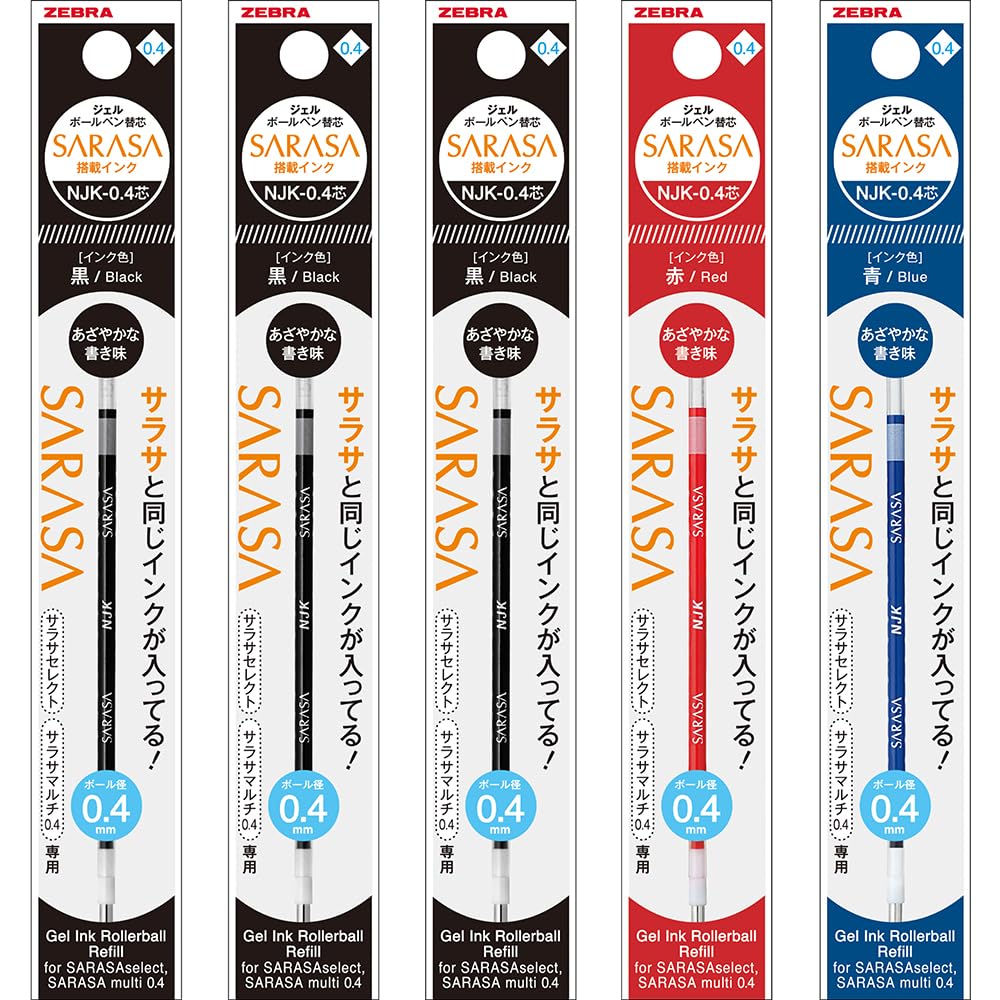Zebra Ballpoint Pen Refills Sarasa Sarasa and Set of 5 NJK-0.4, Multi, Select, Pre-Feel Compatible, Black, Red, Blue, (RNJK4-BKRBL-5AZ)