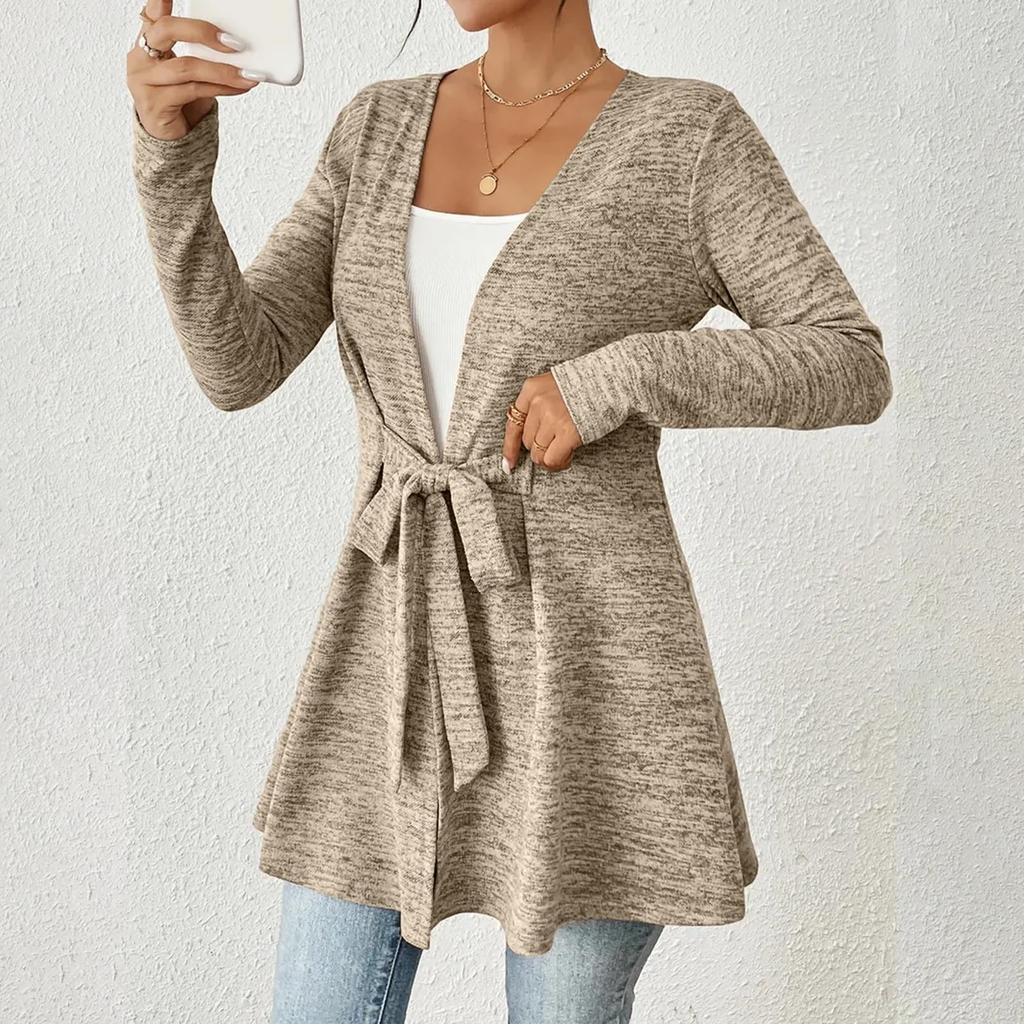 Women's Fashion Solid Color Long Sleeve Tie Casual Loose Cardigan Tops Jacket