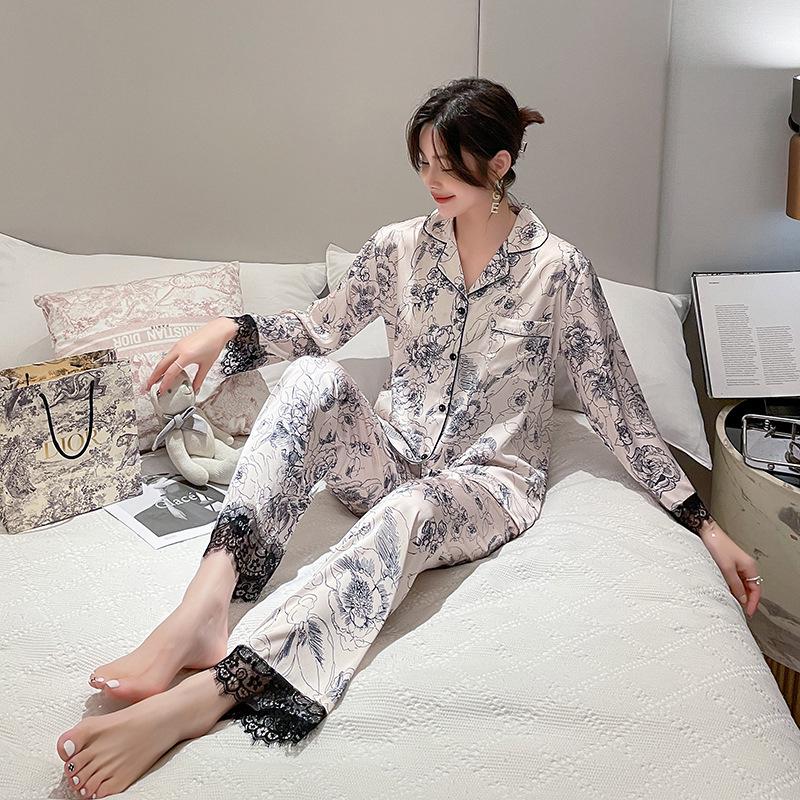 Women's Korean Style Silk Pajama Set - Long Sleeve Cardigan and Pants