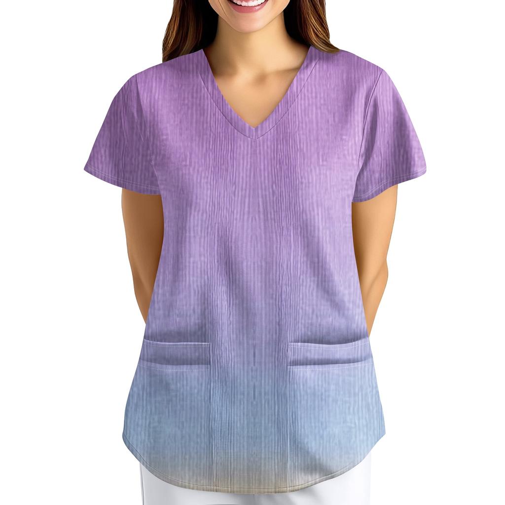 Plus SizePrinted Scrub Working Uniform Tops For Women's Cross V-Neck Print Short Sleeve Fun T-Shirts Workwear Tee With Pockets