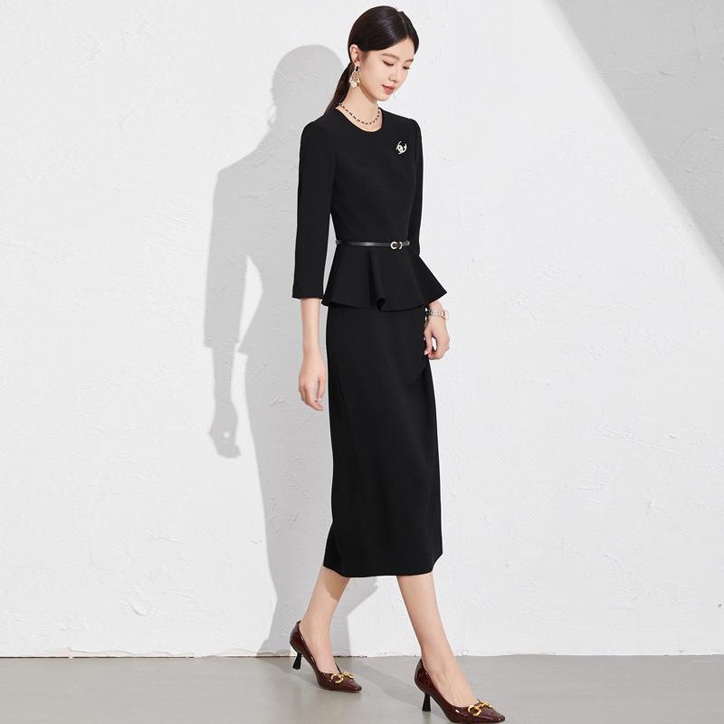 Elegant Black Slimming Ruffle Long Women's Dress Set - Spring/Autumn Formal OL Style