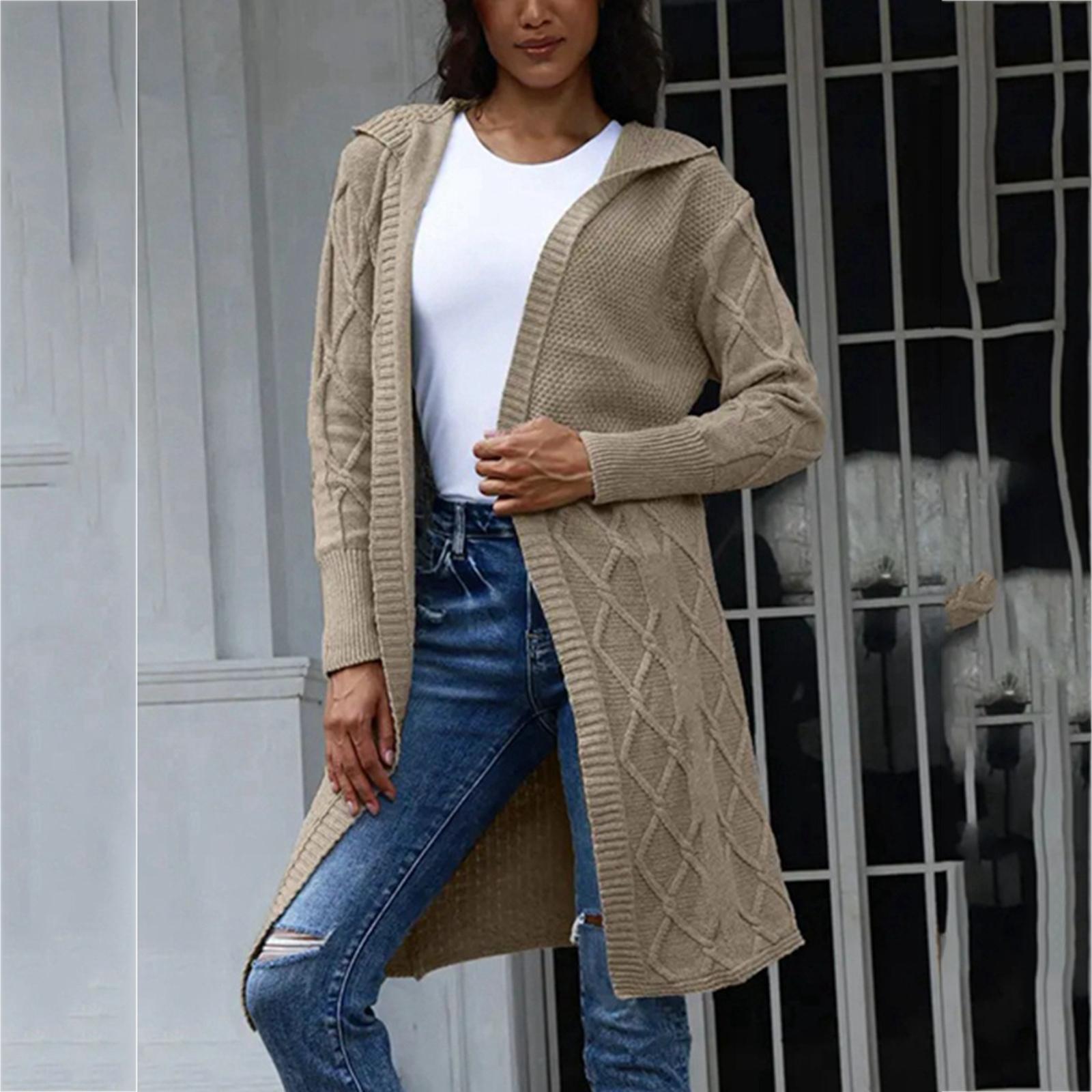 

Женский свободный вязаный кардиган средней длины с капюшоном, пальто с косами M хаки