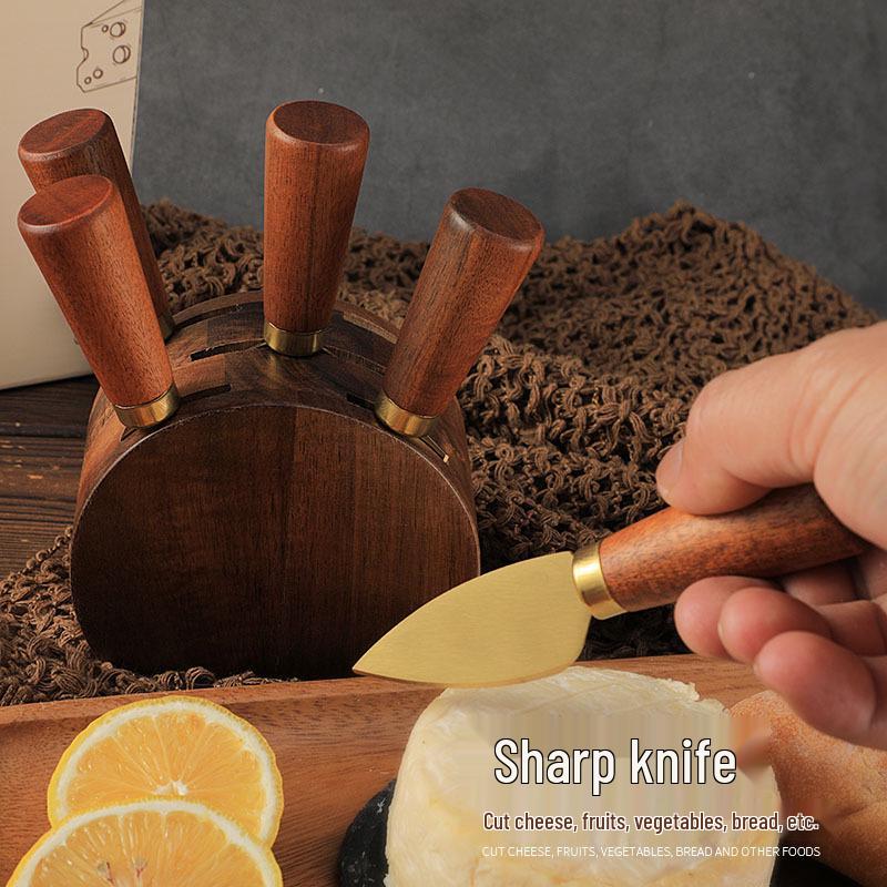 Stainless Steel & Acacia Wood Cheese Knife Set with Storage Base - 6-Piece