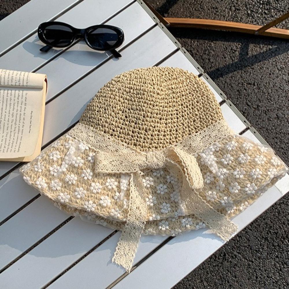 Crochet Sunscreen Bucket Hat Ribbon Beach Fisherman Hat Fashion Bow Straw Hat  Vacation